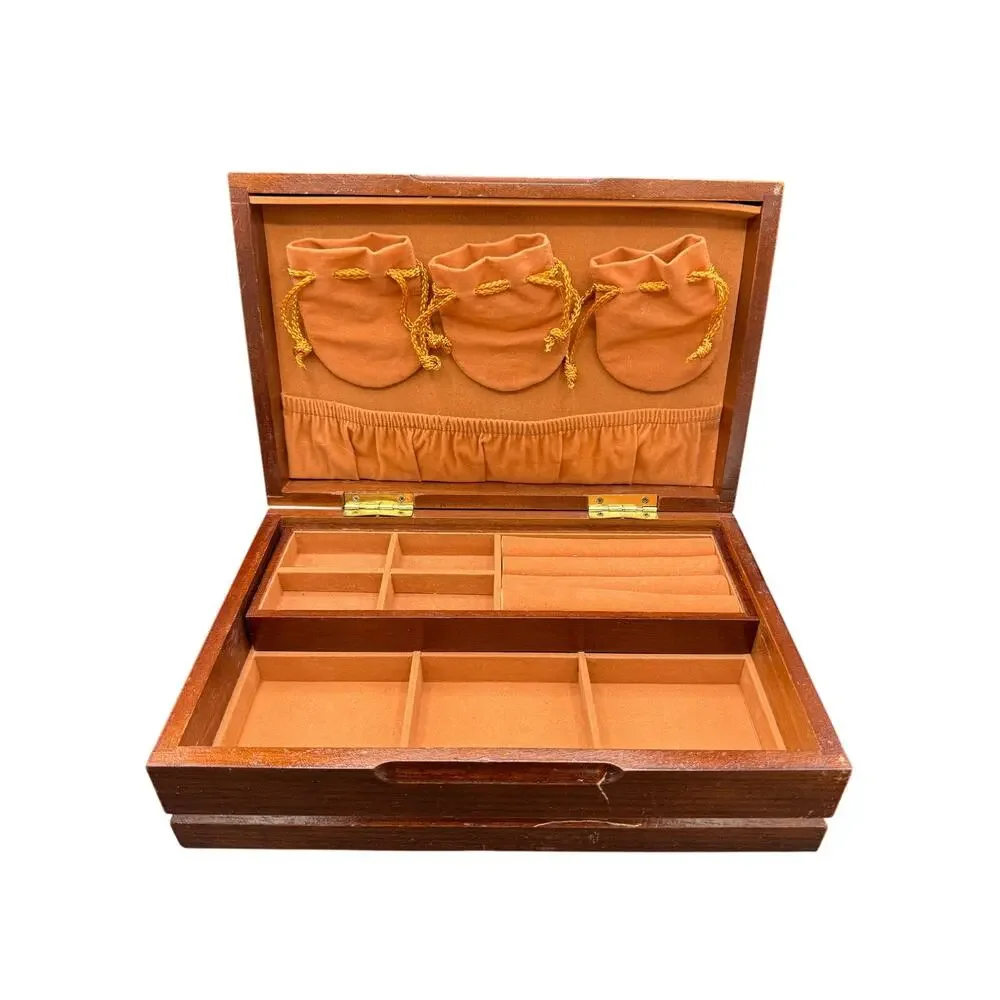 💍 Vintage Wooden Jewelry Box Tan Velvet Lined Necklace Ring Storage Organizer